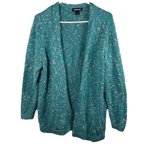 Lands' End Cardigan Sweater Open Front Sz L (14-16) Teal Speckle Pockets